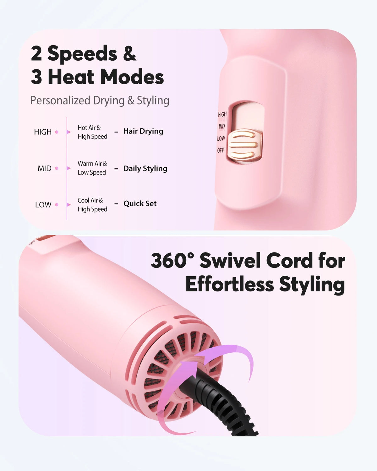 Pink hair styling brush featuring adjustable control settings and a swivel cord, displayed on a light pink background.