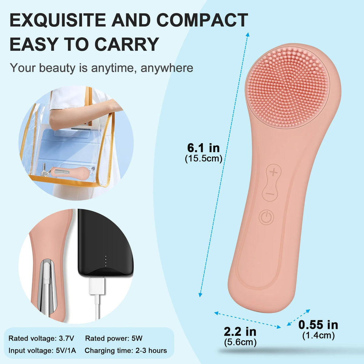 Pink handheld facial cleansing brush with product dimensions showing 6.1-inch length and compact ergonomic design for daily skincare.