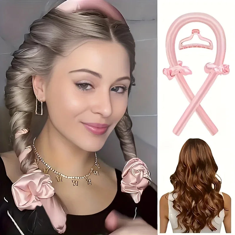 Woman with beautifully styled hair wearing pink heatless curling accessories, featuring a decorative bow and hair clip with a close-up detail.