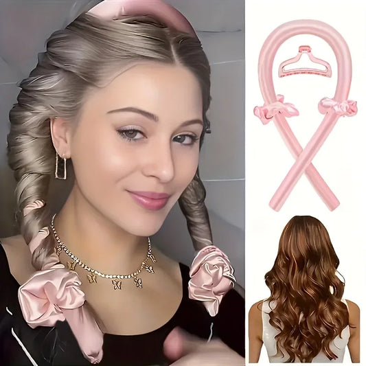 Woman with beautifully styled hair wearing pink heatless curling accessories, featuring a decorative bow and hair clip with a close-up detail.