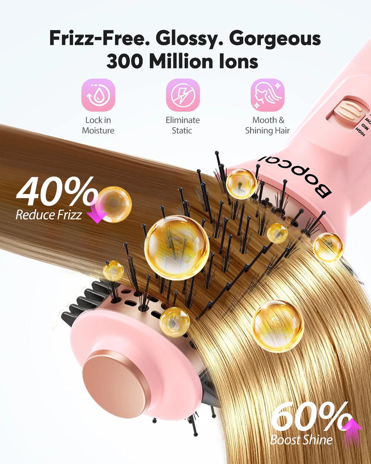 Pink hot air styling brush with promotional graphics highlighting frizz reduction and enhanced hair shine.