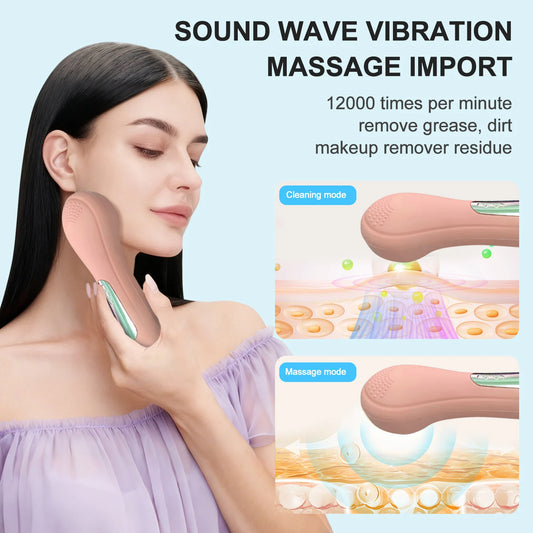 Woman using a pink sonic vibration facial cleansing brush along her jawline, with diagrams highlighting cleansing and facial massage modes.