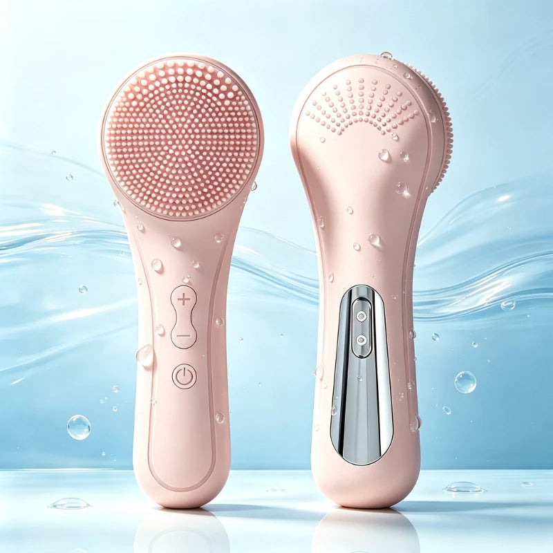 Two pink rechargeable facial cleansing brushes showing soft exfoliating bristles, control buttons, and charging port against a blue water-themed background.