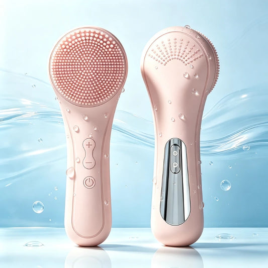 Two pink rechargeable facial cleansing brushes showing soft exfoliating bristles, control buttons, and charging port against a blue water-themed background.