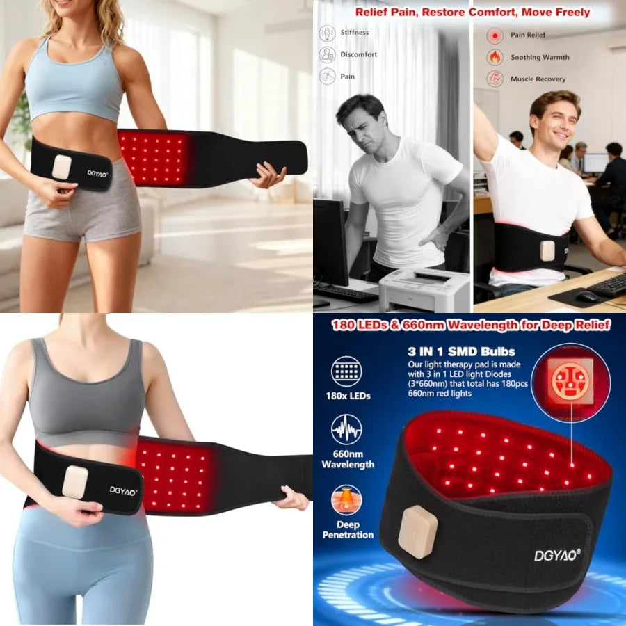 Rechargeable cordless red light therapy belt with 660nm red light technology, designed as a wearable wrap for the back, waist, and body.