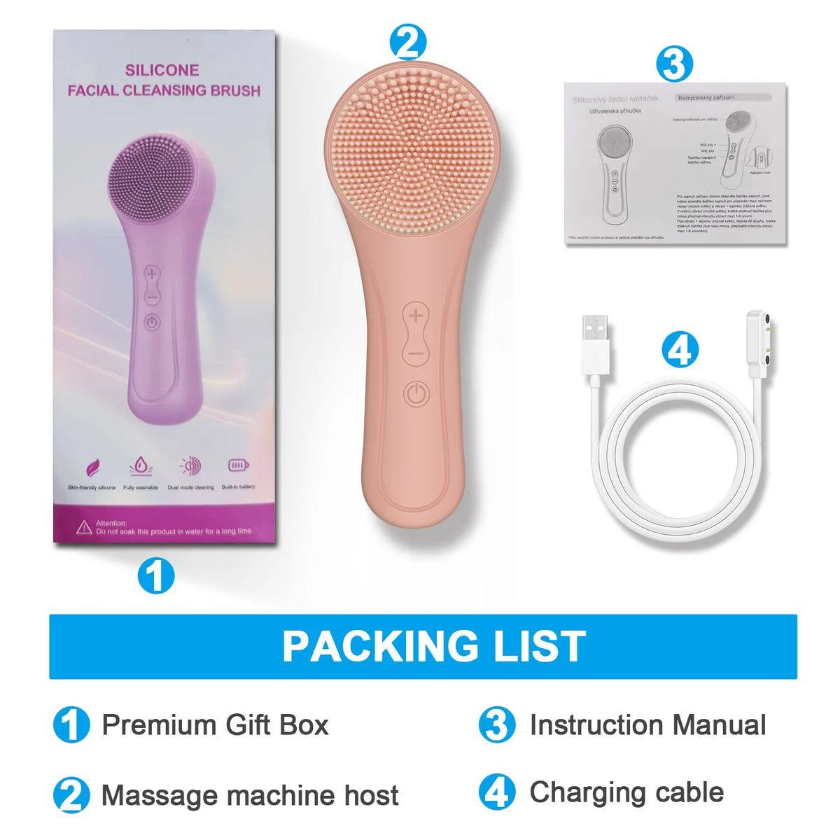 Rechargeable silicone facial cleansing brush set with original packaging, instruction manual, and USB charging cable displayed on a white background.
