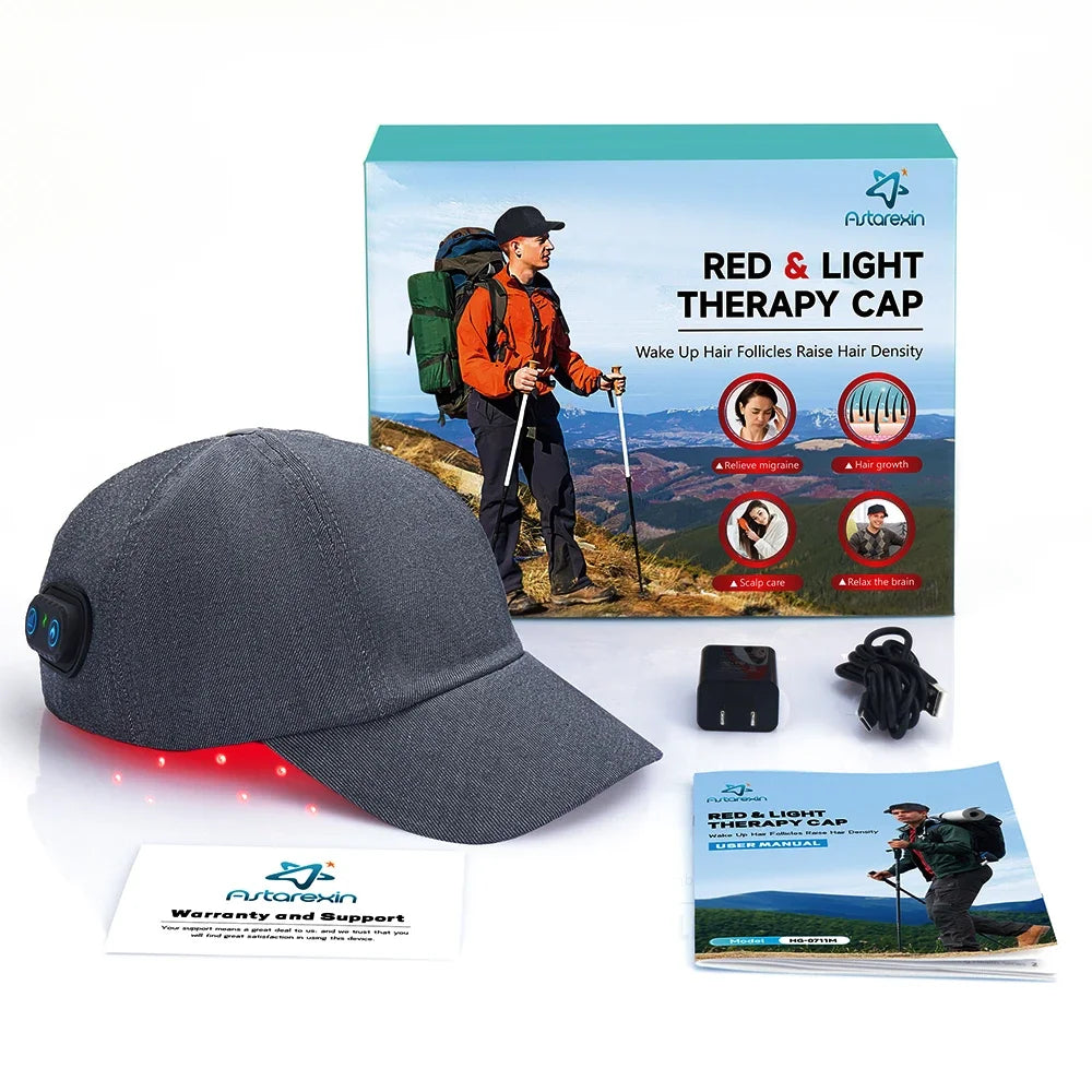 Red light therapy scalp cap shown with packaging and included accessories