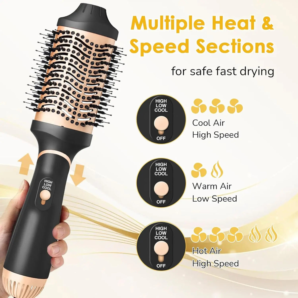 Black and beige round hair styling brush with control icons highlighting adjustable heat and speed settings.